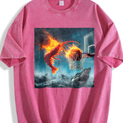 Premium Shrimp Dunking on Shark Fishing Meme Vintage Washed T-Shirt in Red