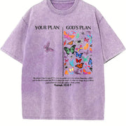 Jesus Butterflies God‘s Plan Wash S~5XL and Batik vintage washed oversized T-shirt in Purple