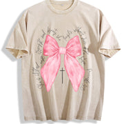 Coquette Christian Pink Bow Faith Vintage Washed T-Shirt in Beige