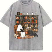 Retro Ghost Reading Books Vintage Washed T-Shirt in Gray
