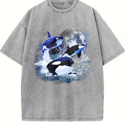 Three Orcas 90s Sea Animal Moon Midnight Vintage Washed T-Shirt in Gray