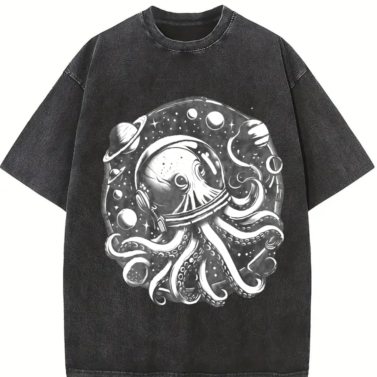 Retro Octopus in Space 90s Vintage Washed T-Shirt in Black