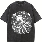 Retro Octopus in Space 90s Vintage Washed T-Shirt in Black
