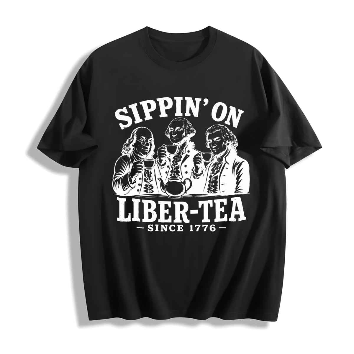 George Washington Sippin on Liber-tea Cotton T-Shirt in Black