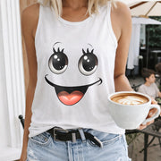 Cartoon Joyful Face Sleeveless Racer Vest Women's Color Cotton Tank Top in White