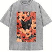 Blockbuster Black Cat and Red Daisy Vintage Washed T-Shirt in Gray