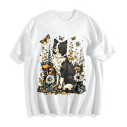 Dog Short-sleeve Blouse with Cute Puppy & Canine Patterns Cotton T-Shirt in White