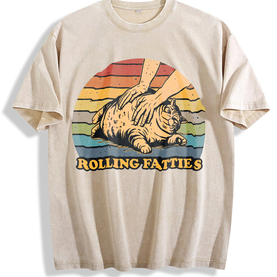 Cat Rolling Fatties High-quality Soft vintage washed oversized T-shirt in Beige