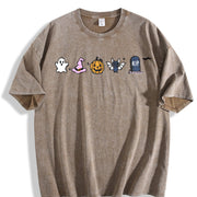 Halloween Icons Embroidered Vintage Washed T-Shirt in Brown