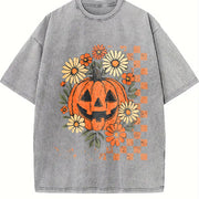 Retro Floral Pumpkin Vintage Washed T-Shirt in Gray