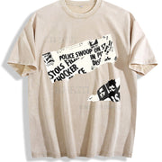Distressed Short-sleeved American Retro Vintage Washed T-Shirt in Beige