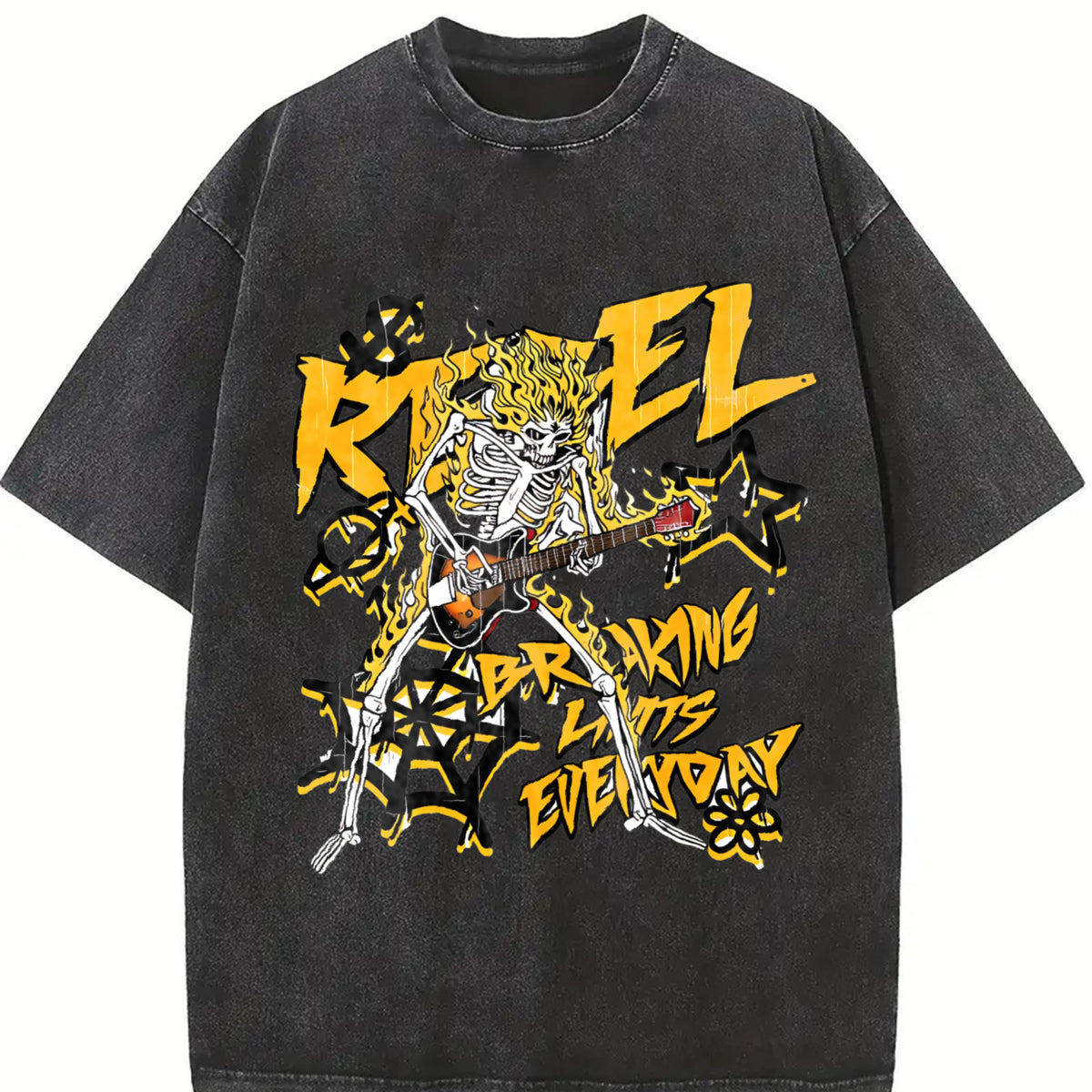 Faded Pure Short-sleeve a Flame Skull 'Rebel' Rock Vintage Washed T-Shirt in Black