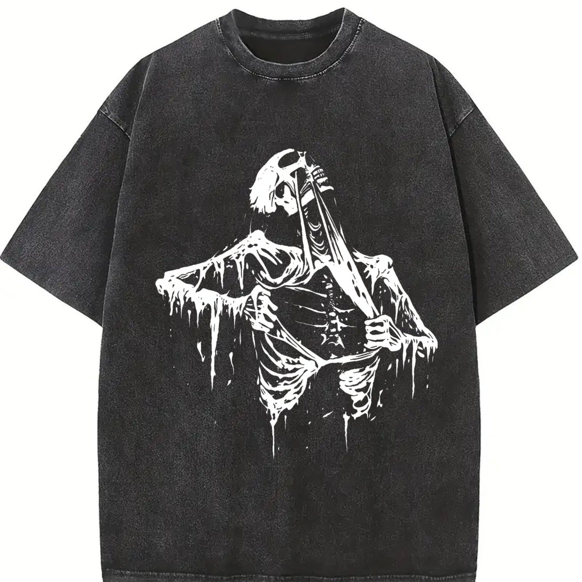 Skeleton Ripping Rip Cage 90s Vintage Washed T-Shirt in Black