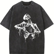 Skeleton Ripping Rip Cage 90s Vintage Washed T-Shirt in Black