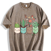 Cute Cartoon Potted Plant Vintage Washed T-Shirt in Brown