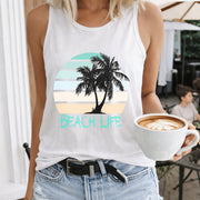 Beach Life Palm Tree Sunset Crew-neck Sleeveless Vest Women's Color Cotton Tank Top in White