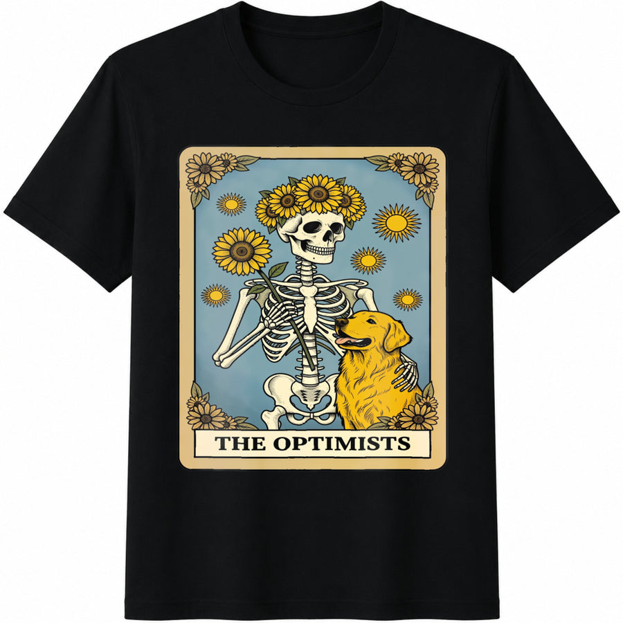 Skeleton Dog Sunflower St Valentines Day Friendship Boho Cotton T-Shirt in Black