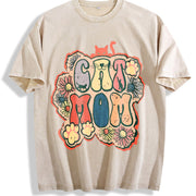 Cat Mom Retro Wax Retro Brand Vintage Washed T-Shirt in Beige