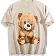 Cute Fluffiest Short-sleeve with Bear & Pom-pom Creature Vintage Washed T-Shirt in Beige