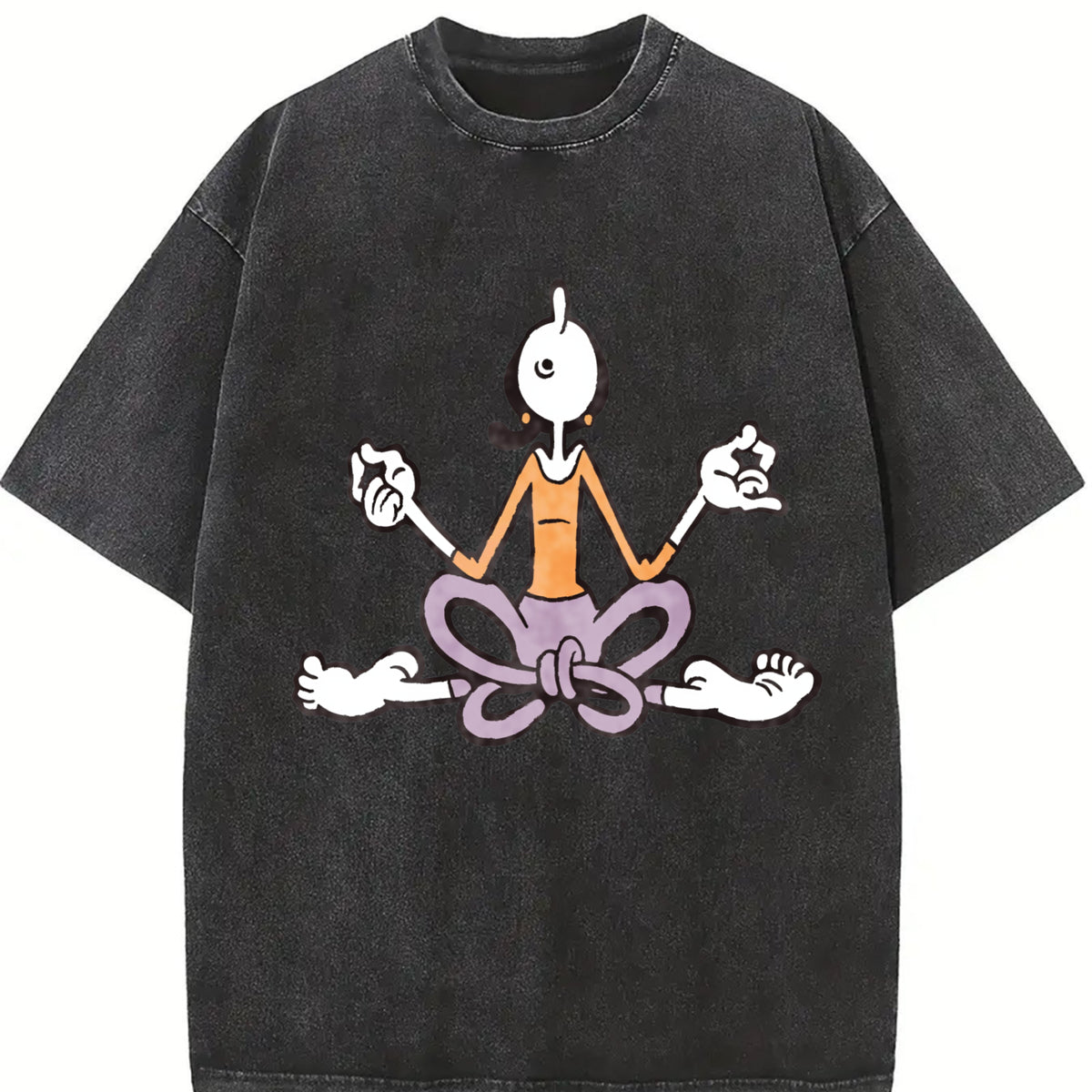 Autumn Cartoon Yoga Meditating Vintage Washed T-Shirt in Black