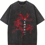 Japanese Floral & Text Distressed Sleeveless Tank Vintage Washed T-Shirt in Black