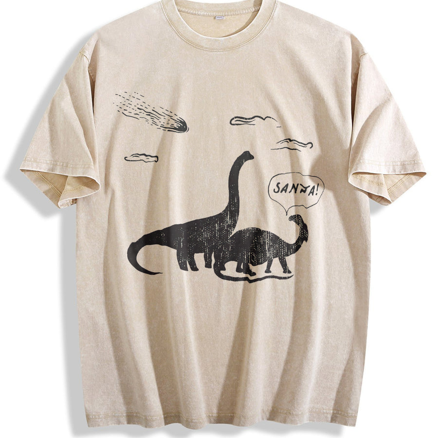 Santa Dinosaurs Xmas Dino Meteor Extinction Joke for Guys Vintage Washed T-Shirt in Beige