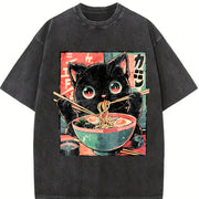 Ramen Cat Vintage Washed T-Shirt in Black