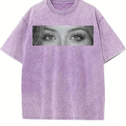 Custom Photo Human Eyes Vintage Washed T-Shirt in Purple