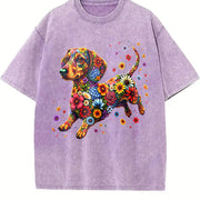 Floral Dachshund Vintage Washed T-Shirt in Purple