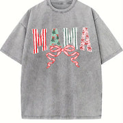 Christmas Mama Retro Mom Vintage Washed T-Shirt in Gray