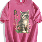 Kitten Cute Cat & Butterfly Floral Vintage Washed T-Shirt in Red