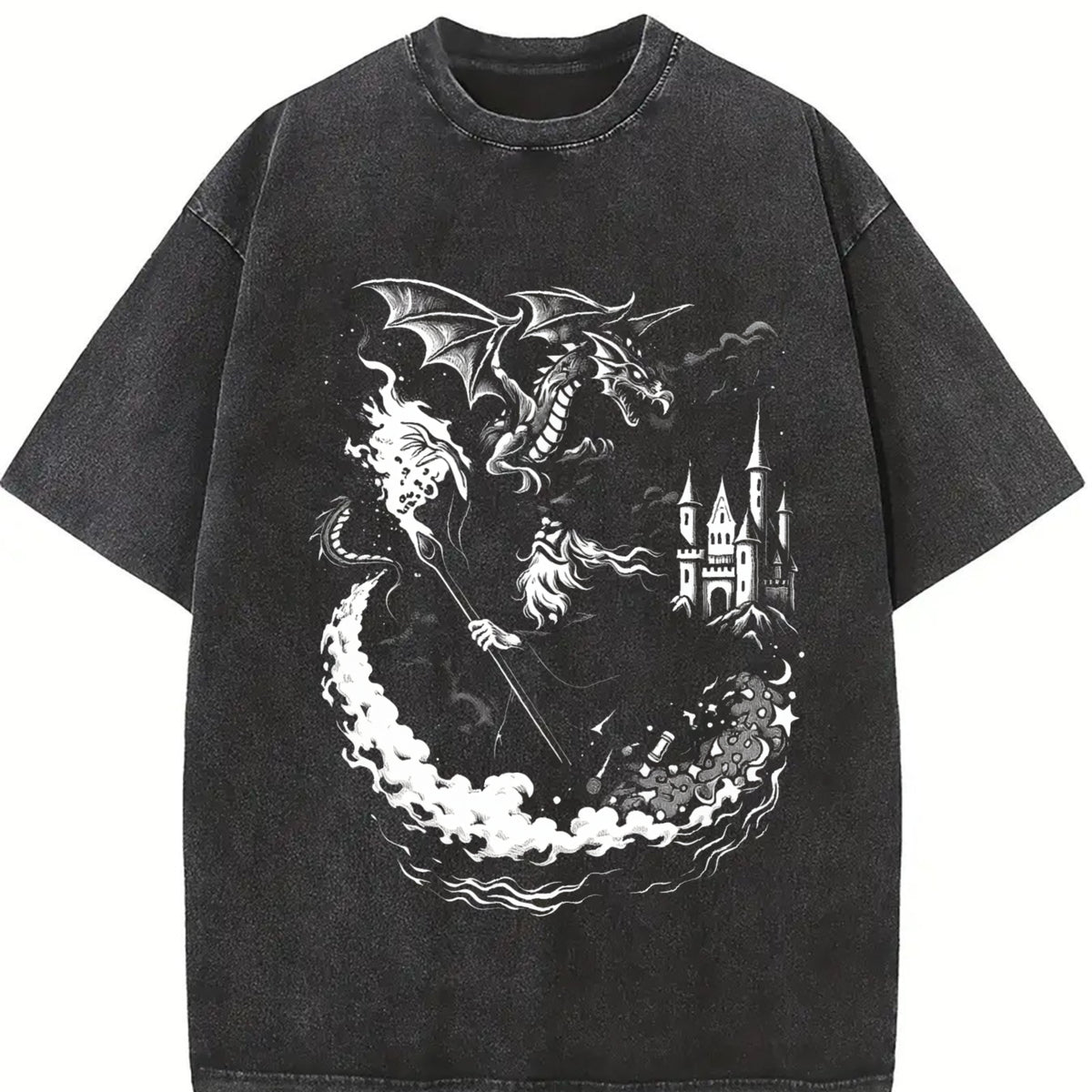 Wizard Dragon Gothic Fantasy Castle Sorcerer Magic Retro Vintage Washed T-Shirt in Black