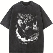 Wizard Dragon Gothic Fantasy Castle Sorcerer Magic Retro Vintage Washed T-Shirt in Black