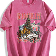 Retro Rocking Around the Christmas Tree Cute Teenager Vintage Washed T-Shirt in Red