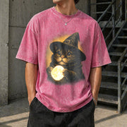 Witch Cat Moon: Retro Gothic Halloween Vintage Washed T-Shirt in Red