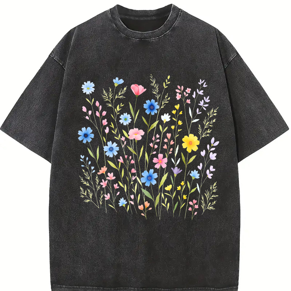 Wildflowers ® Retro Floral Vintage Washed T-Shirt in Black