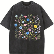 Wildflowers ® Retro Floral Vintage Washed T-Shirt in Black
