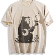 Banjo Bear Bird Retro Folk Music Animal Vintage Washed T-Shirt in Beige