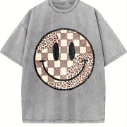 Retro Checkered Leopard Smiley vintage washed oversized T-shirt in Gray