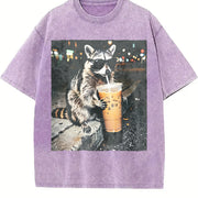 Raccoon Drinking Iced Coffee Animal Meme vintage washed oversized T-shirt in Purple