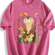 Botanical Otter & Plants Vintage Washed T-Shirt in Red