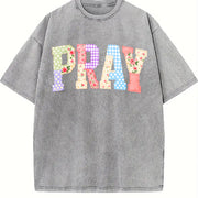 Pray Christian Faux Quilted Religious Vintage Washed T-Shirt in Gray