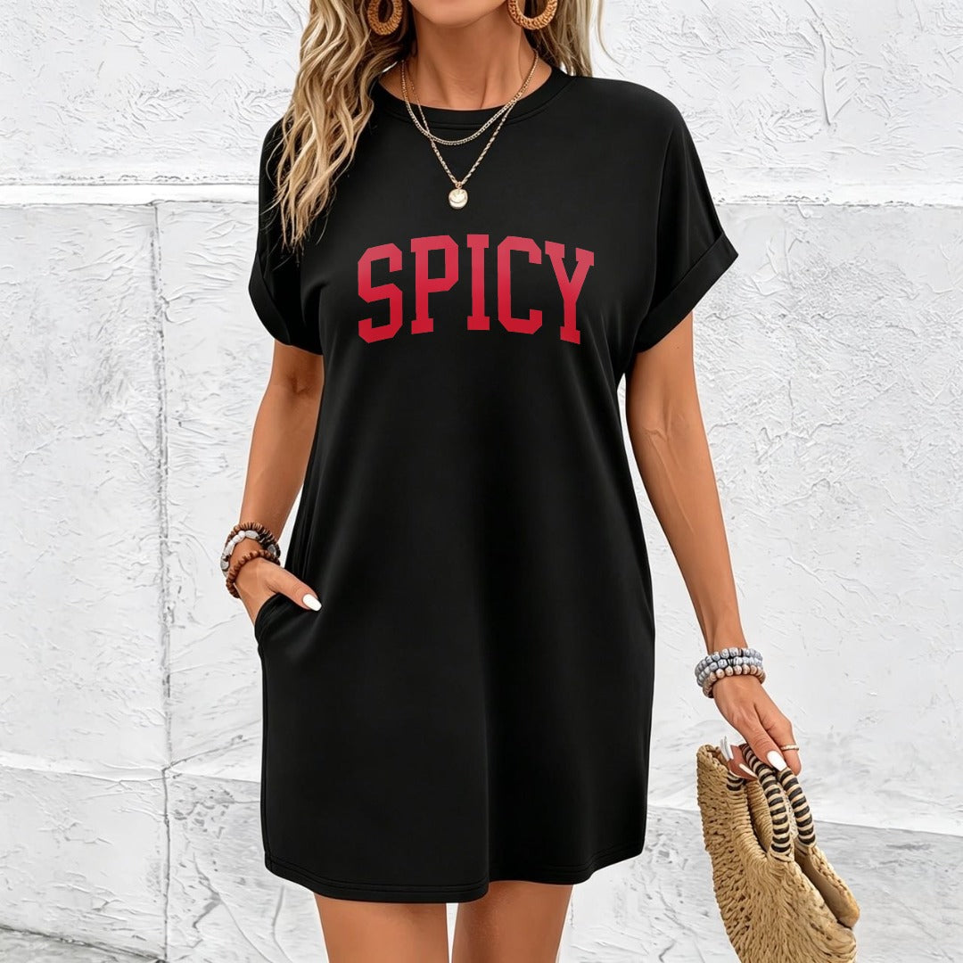 Off-shoulder Loose Long Dress with Pockets Cotton T-Shirt in Black