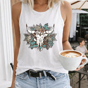 Bull Skull Floral Crew-neck Sleeveless Vest Outdoor Women's Color Cotton Tank Top in White
