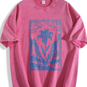 Lily Flower Medieval Renaissance Linocut Art Vintage Washed T-Shirt in Red