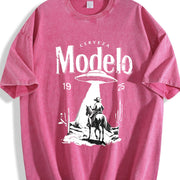 Modelo UFO Cowboy Retro with Cerveza Modelo Letter Vintage Washed T-Shirt in Red