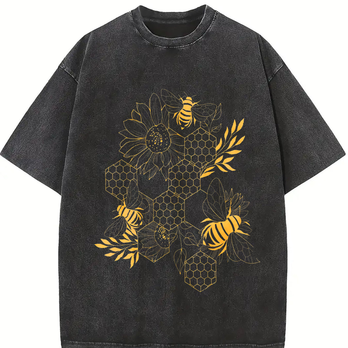 Bee Honeycomb Floral Vintage Washed T-Shirt in Black