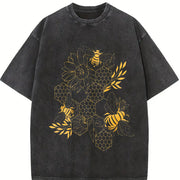 Bee Honeycomb Floral Vintage Washed T-Shirt in Black
