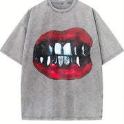 Gothic Vampire Lips Fangs Sleeveless Tank Vintage Washed T-Shirt in Gray