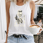 Skeleton Holding Coffee Cup Never Better Crew-neck Women's Color Cotton Tank Top in White